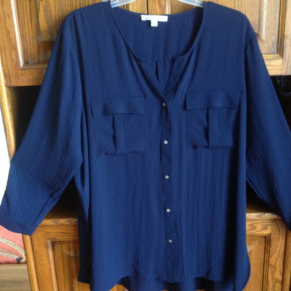 Larry Levine 3X Navy Blue Button Down Blouse